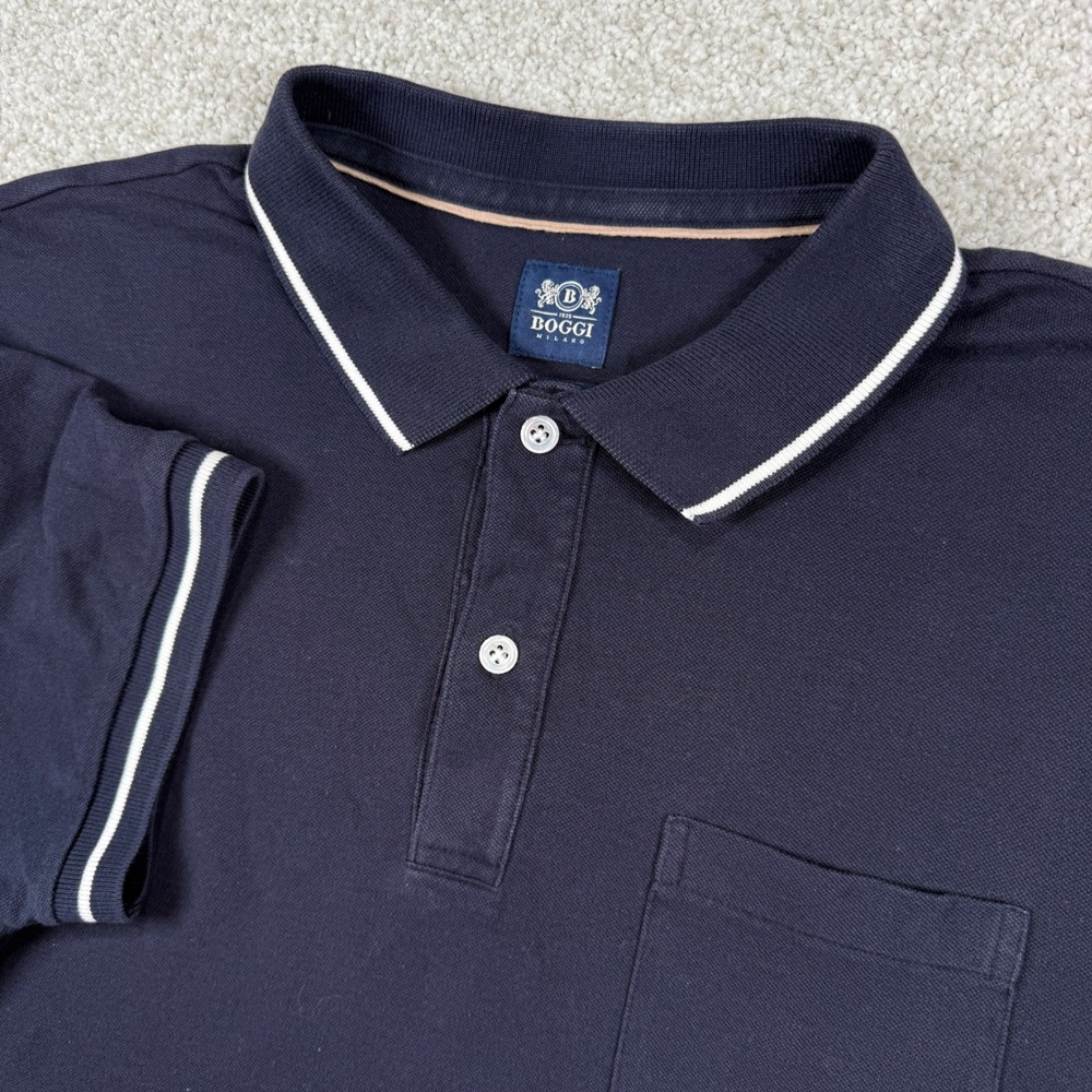 Boggi Milano Polo Shirt Mens Large Navy Blue Slim Fit Tipped Pique Pocket